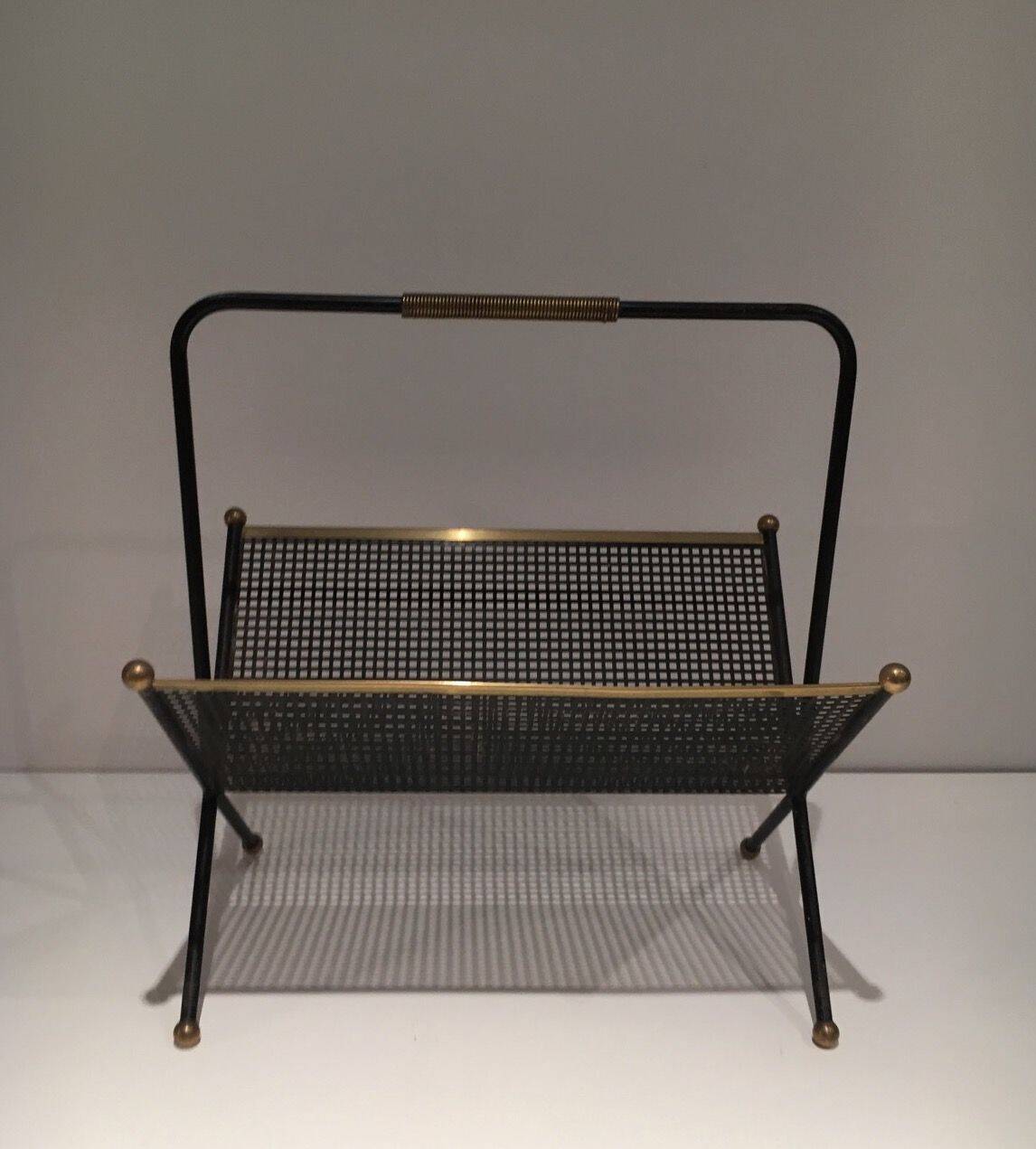 Black lacquered metal design magazine rack, perforated sheet and brass