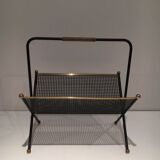 Black lacquered metal design magazine rack, perforated sheet and brass