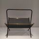 Black lacquered metal design magazine rack, perforated sheet and brass