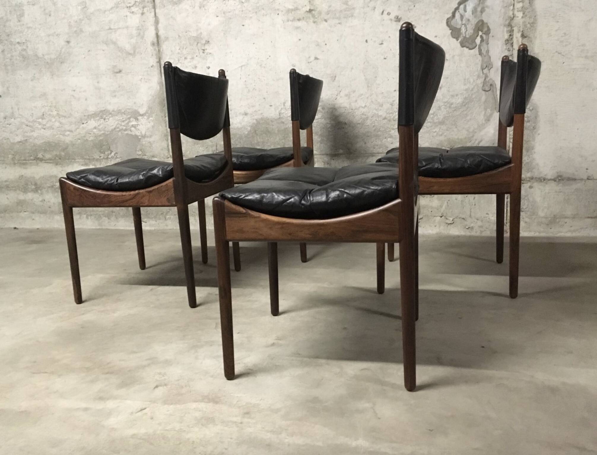 Set of 4 Rio palisander & black leather chairs, Modus model, by Kristian Vedel for Soren Willadsen