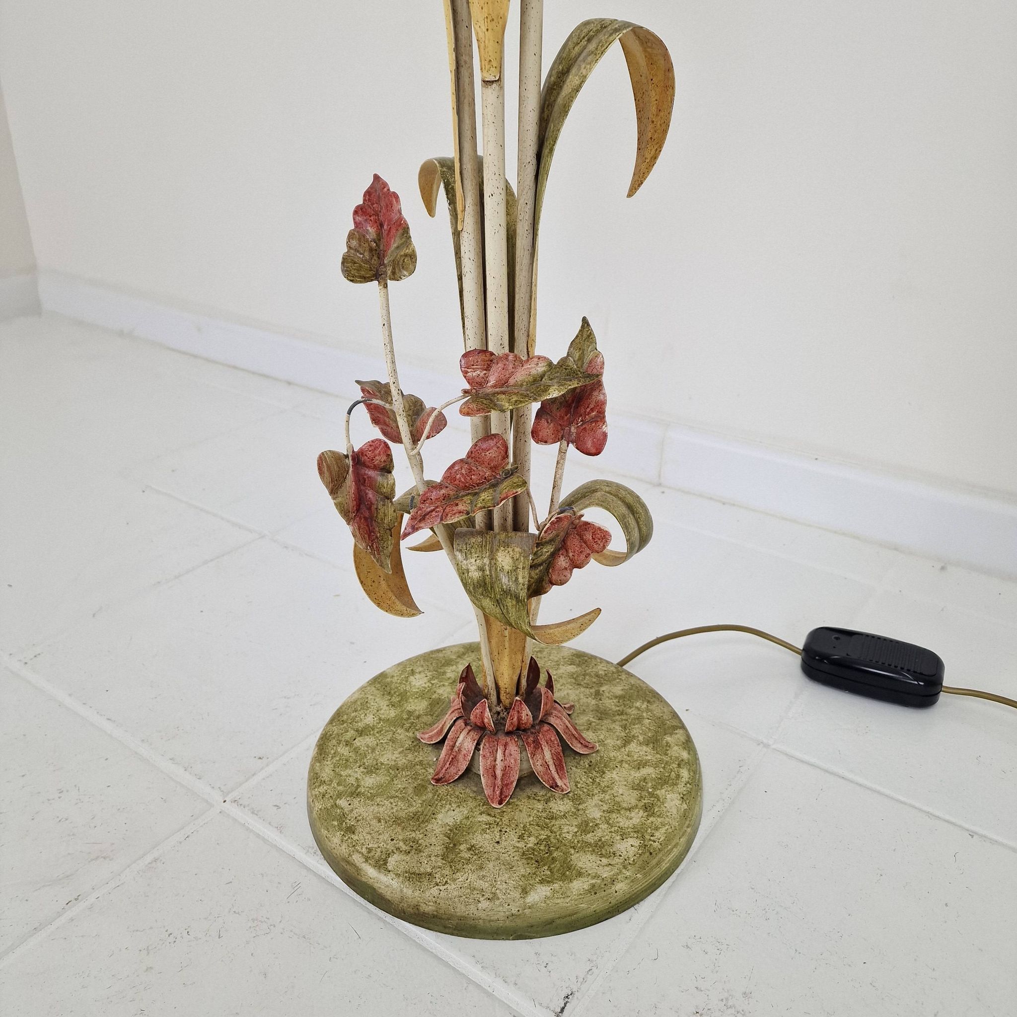 Italian Floor Lamp with Metal Stems, Leaf Details and Murano Glass Flowers