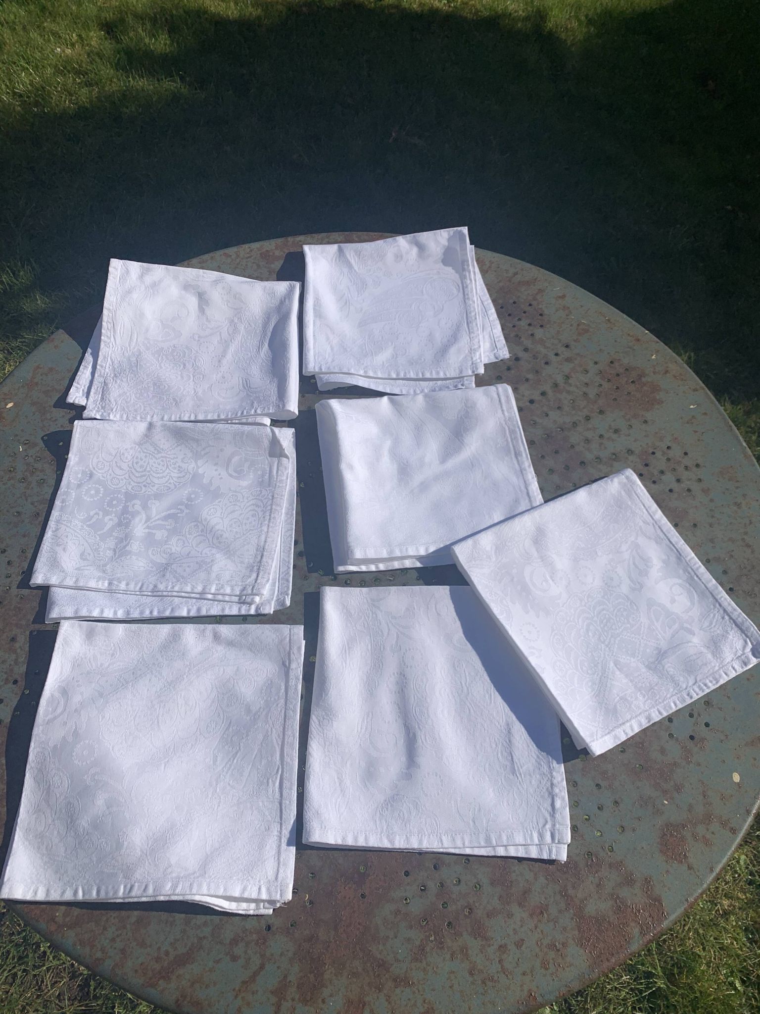 7 white damask cotton napkins, Christian Lacroix, vintage