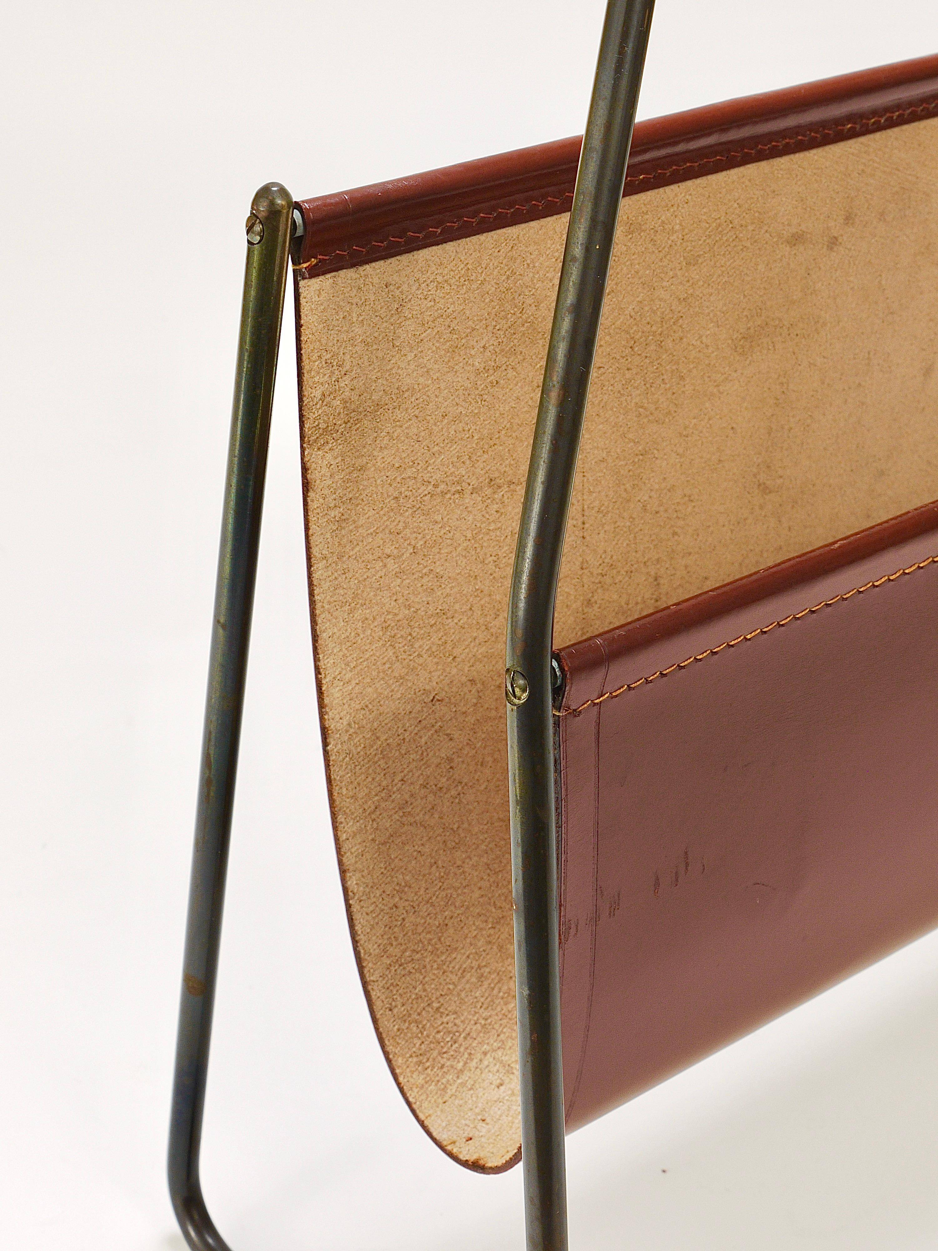 Carl Auböck II Magazine rack Midcentury, brass and brown leather, vintage, Austria
