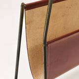 Carl Auböck II Magazine rack Midcentury, brass and brown leather, vintage, Austria