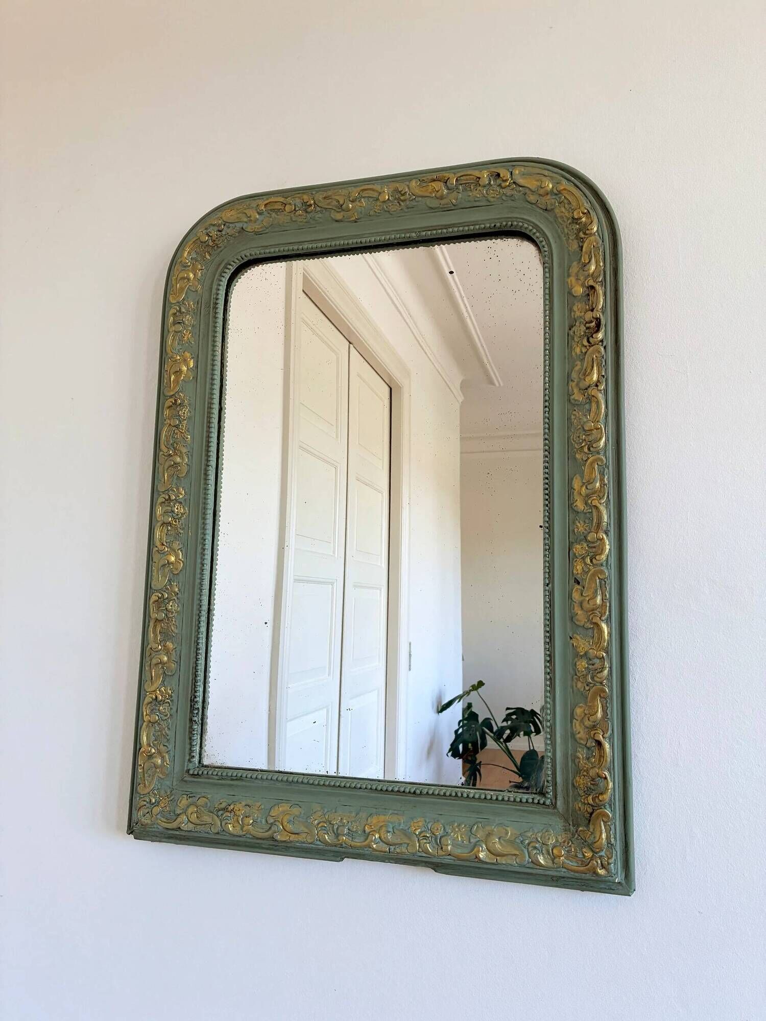 Large antique French Louis Philippe mirror – green and gold, late 19th century