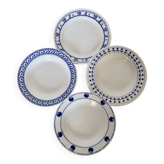 4 mismatched vintage blue and white earthenware soup plates - Set