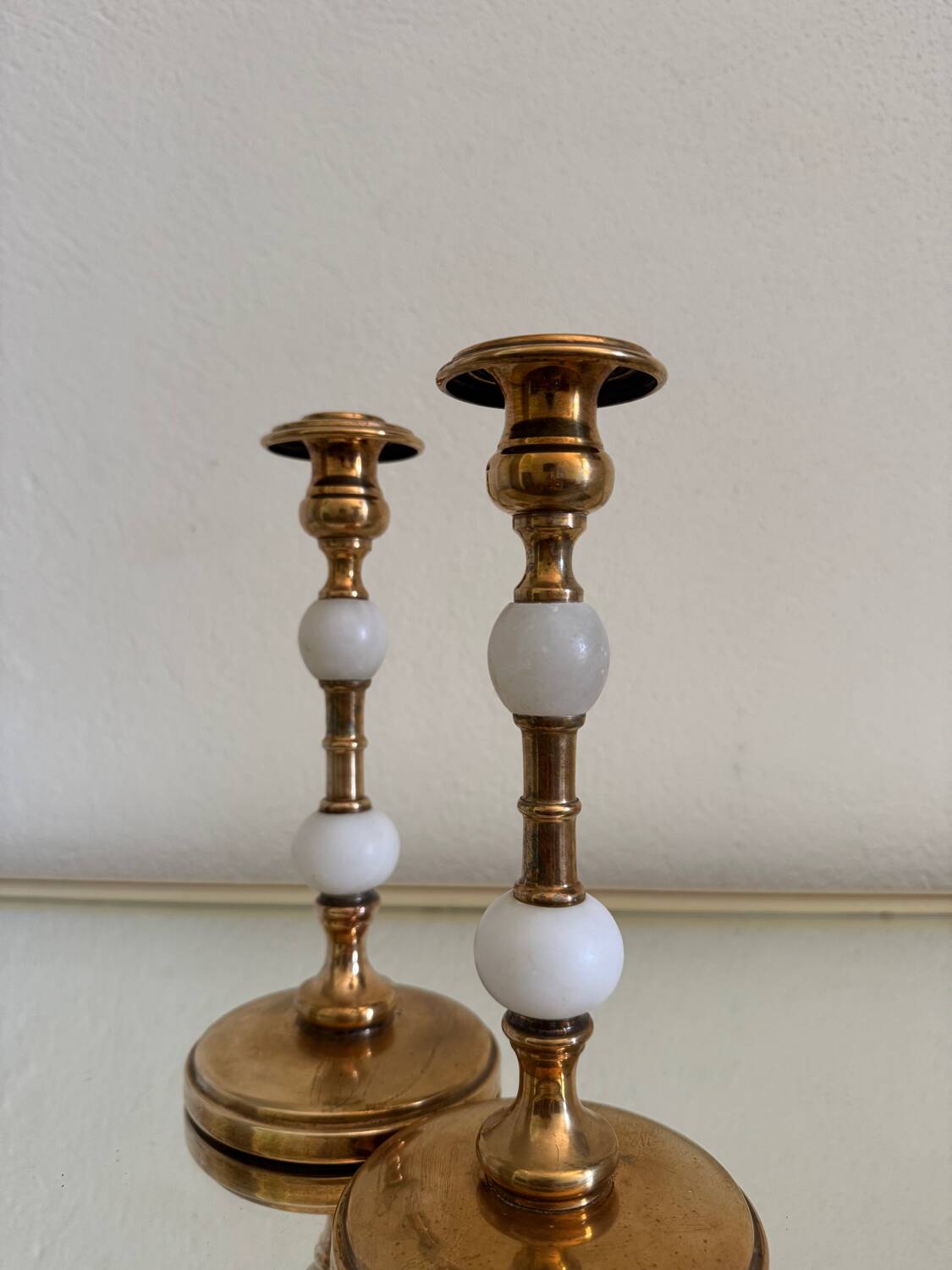 60s gold alabaster metal candlesticks