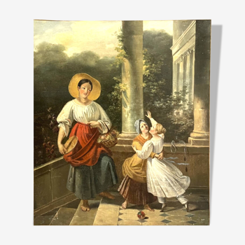 École française du XIXe.huile sur toile .jeunes enfants et femme au chapeau