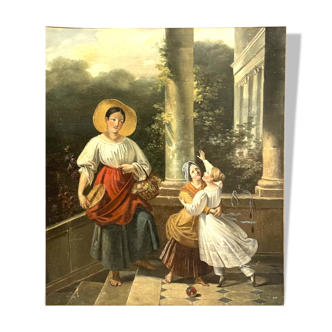 École française du XIXe.huile sur toile .jeunes enfants et femme au chapeau