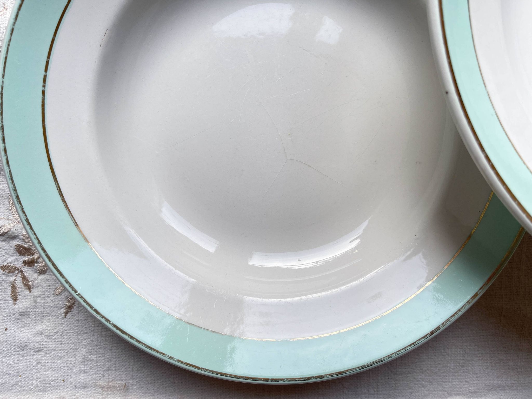 6 vintage LUNEVILLE earthenware soup plates, white, green and gold