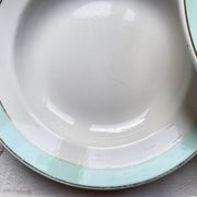 6 vintage LUNEVILLE earthenware soup plates, white, green and gold