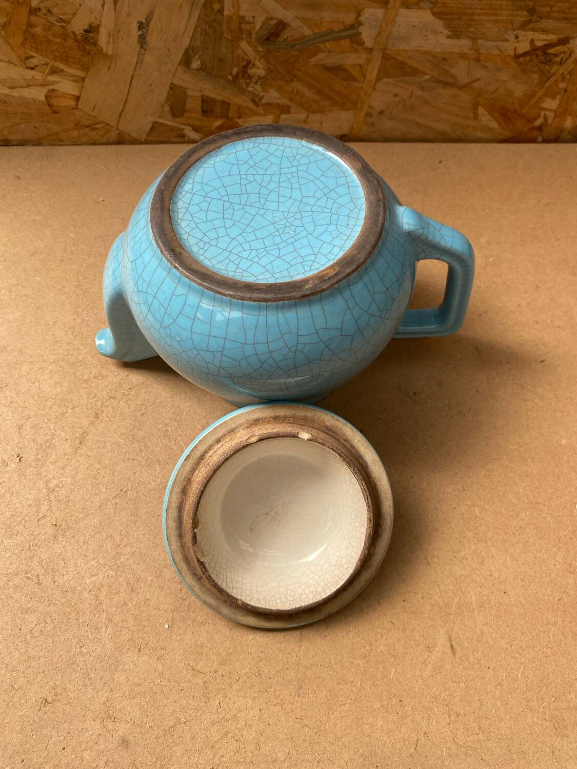 Antique Vintage Cracked Blue Ceramic Teapot