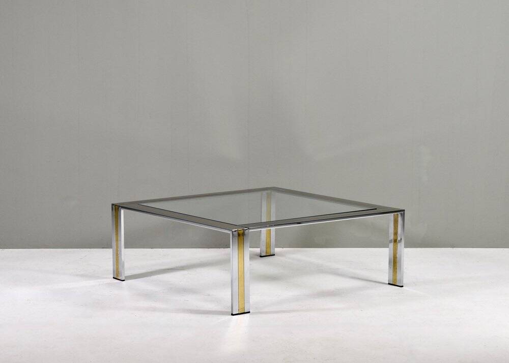 Square coffee table in brass, chrome and glass by Renato Zevi, Italy, 1970s