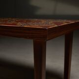 Table d'appoint basse en placage de bois avec plateau en céramique à fleurs colorées, années 1970