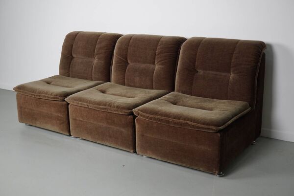 Canapé modulable vintage en velours marron/vert, 3 éléments