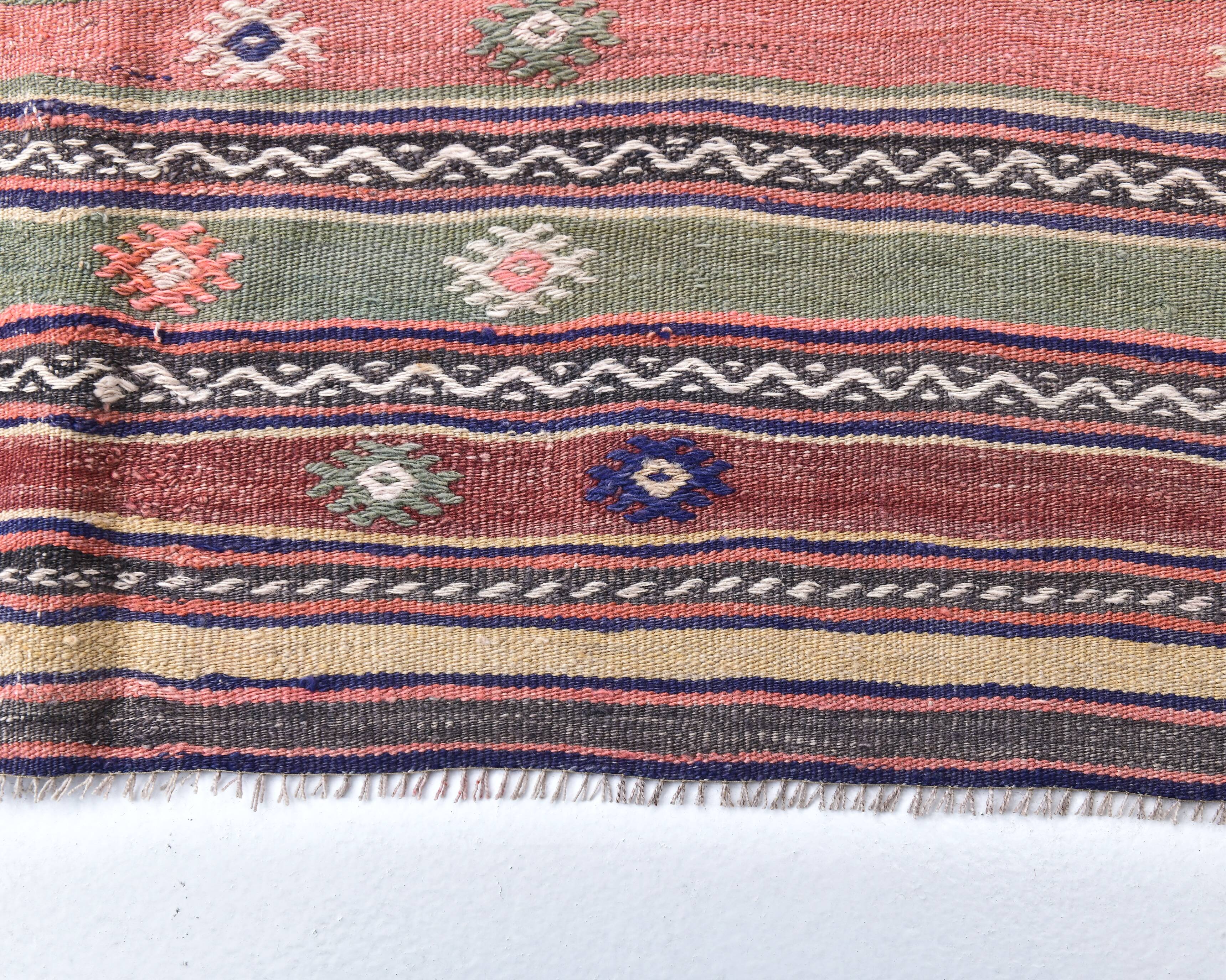 5x11 Red Blue Vintage Kilim Rug 149x326Cm