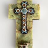 Wall cross with a holy water font in enamel and onyx, 19th century.