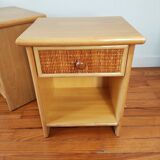 Pair of vintage bedside tables in wood and rattan.