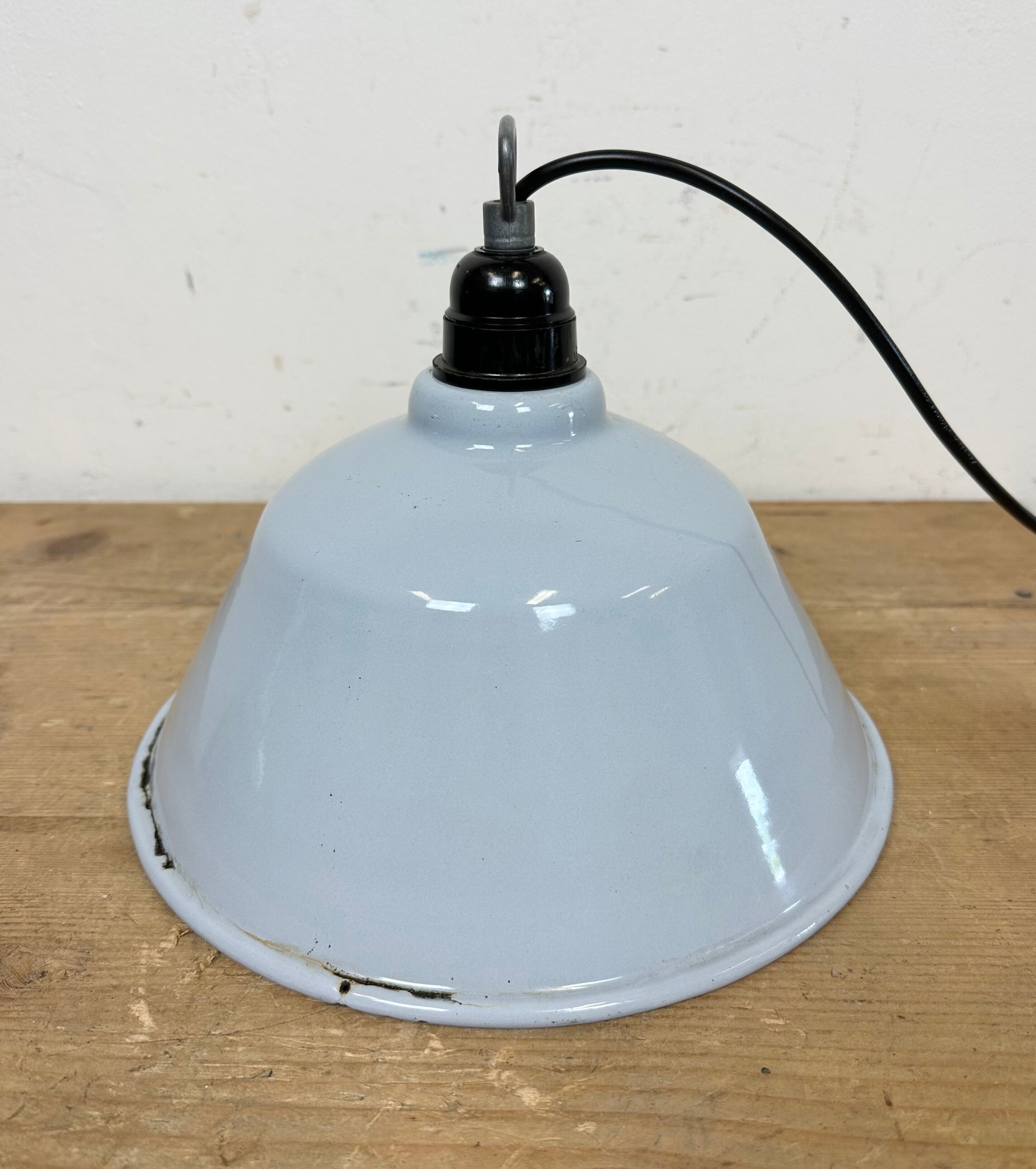Industrial French Grey Enamel Factory Pendant Lamp, 1960s