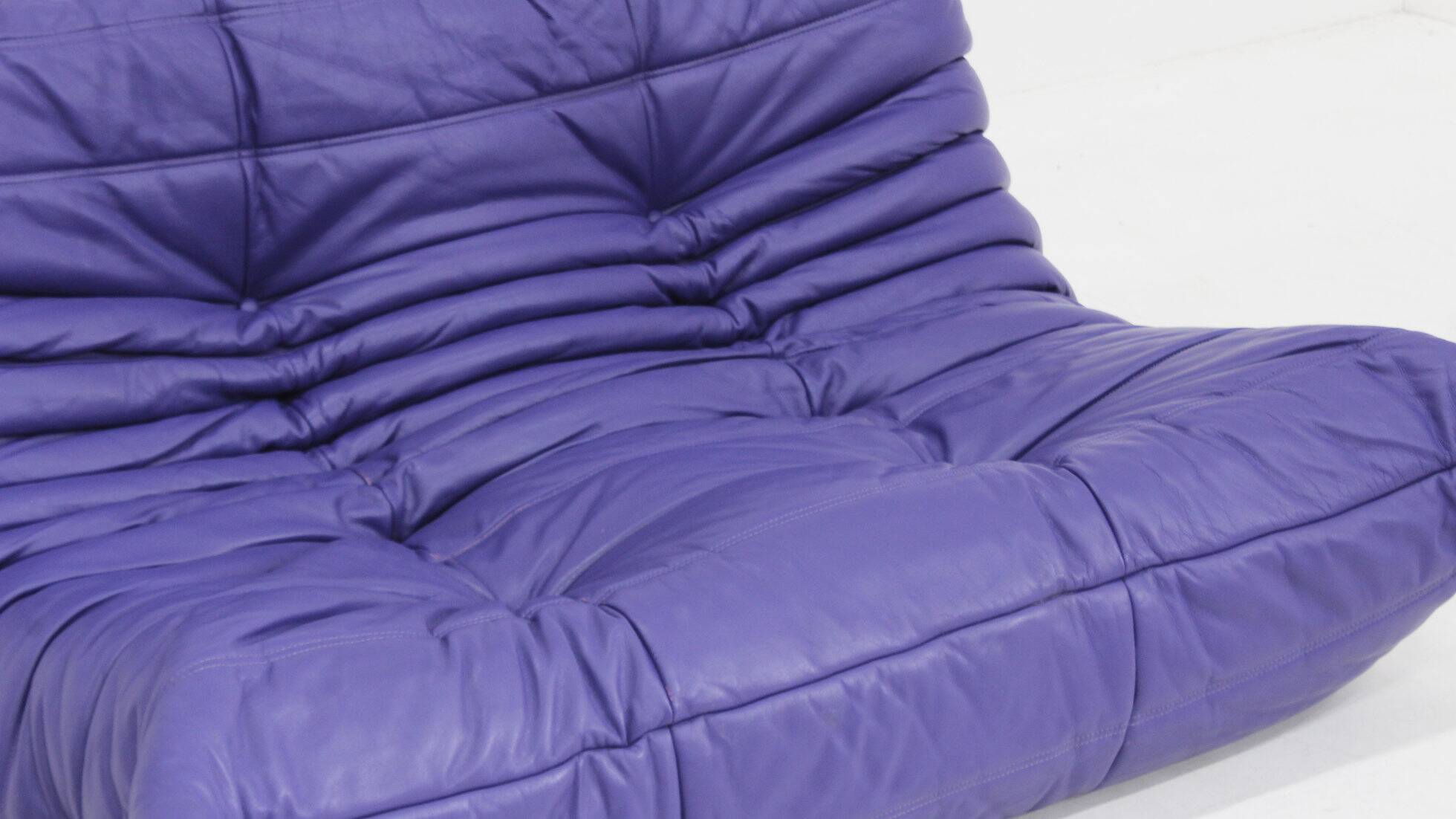 Vintage purple leather Togo 2 seater sofa by Ligne Roset 1990s
