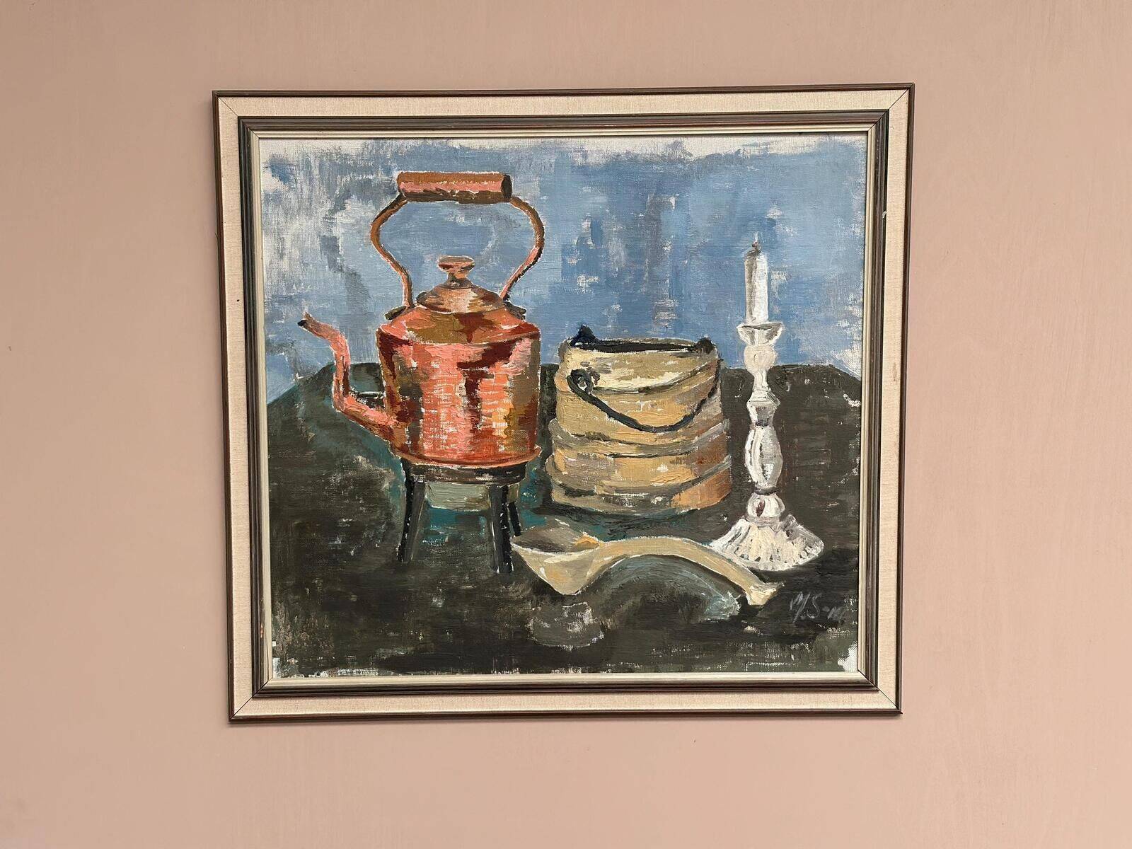 Original Mid Century Swedish Oil On Panel – “Still Life” By Ms – Vintage & Framed 66 × 61 Cm (26" × 24")