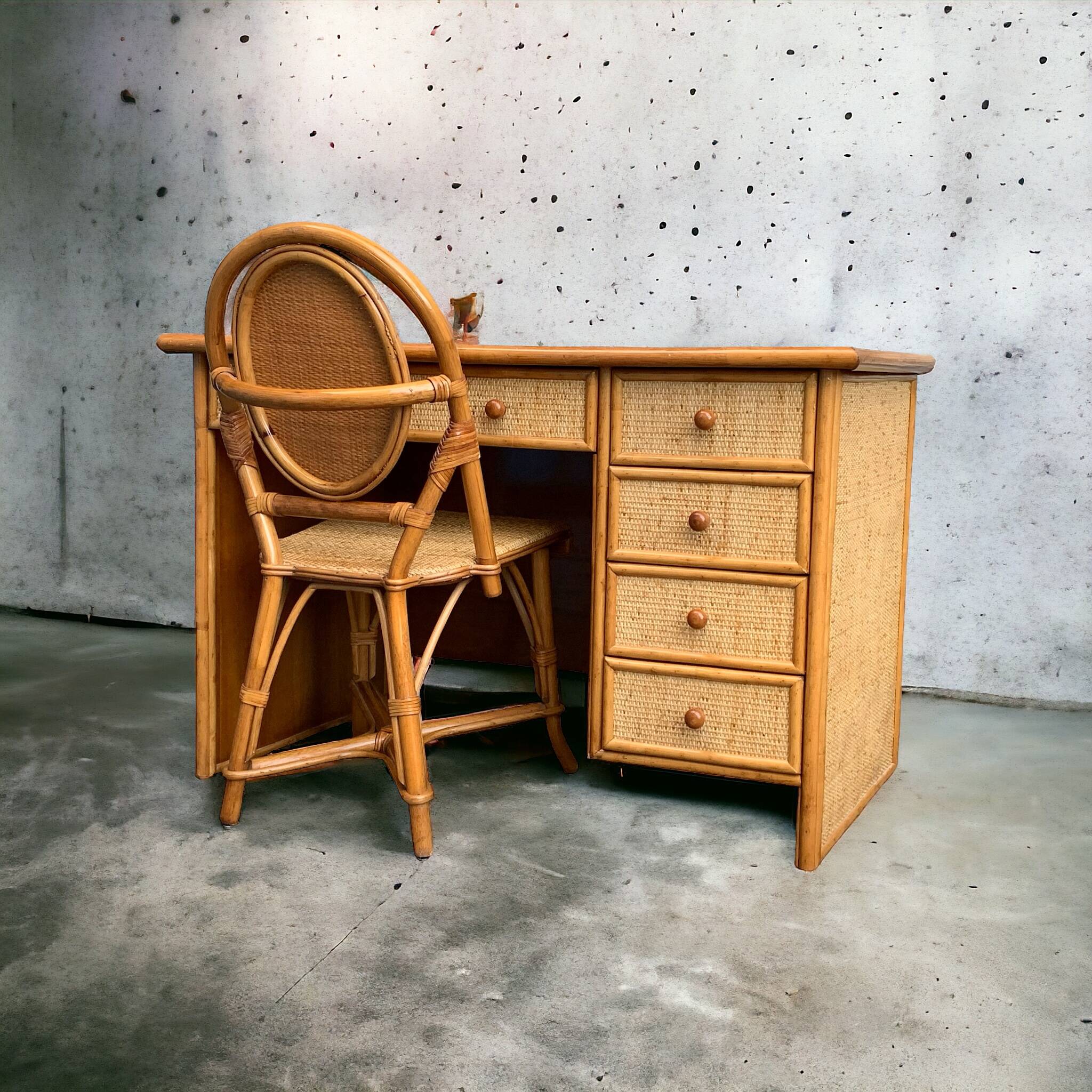 Vintage rattan and woven wicker desk 1970
