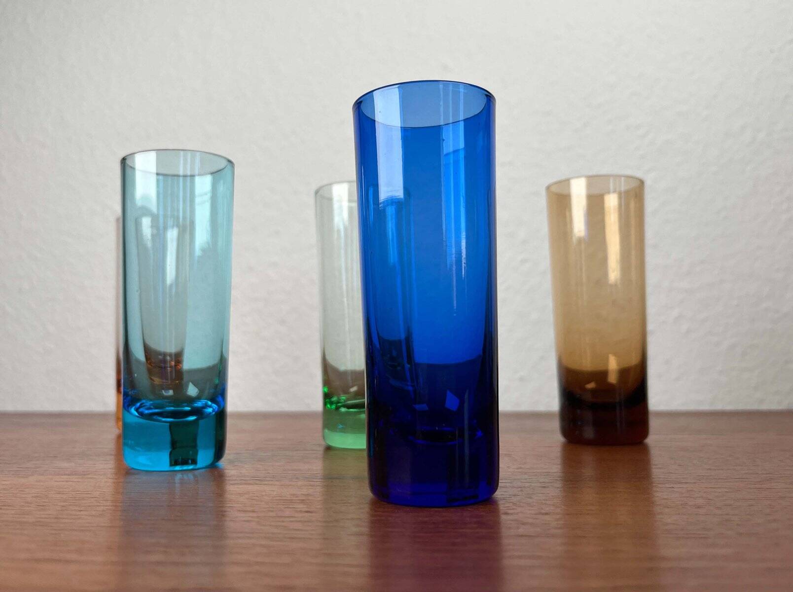 Coloured German shot glasses from the mid-century, 1960s, set of 6.