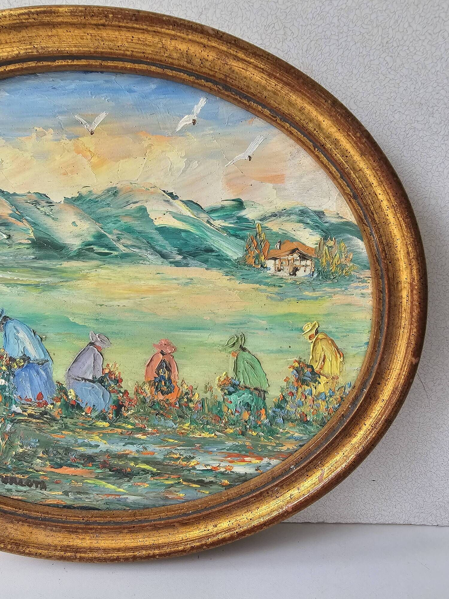 Oil Painting on Panel Landscape Flower Picking Pyrenees Gil Valota