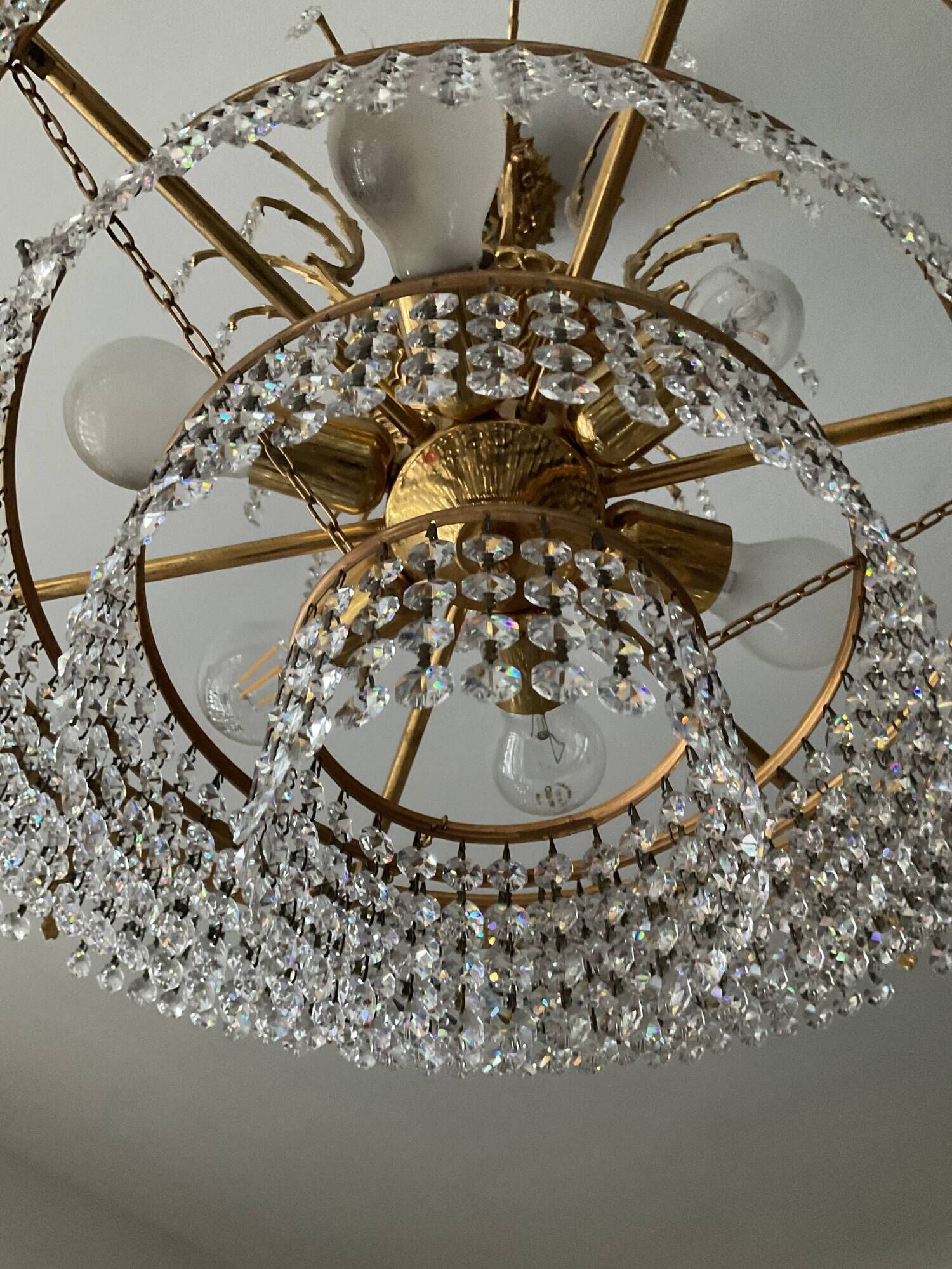 Old bronze waterfall chandelier with crystal tassels