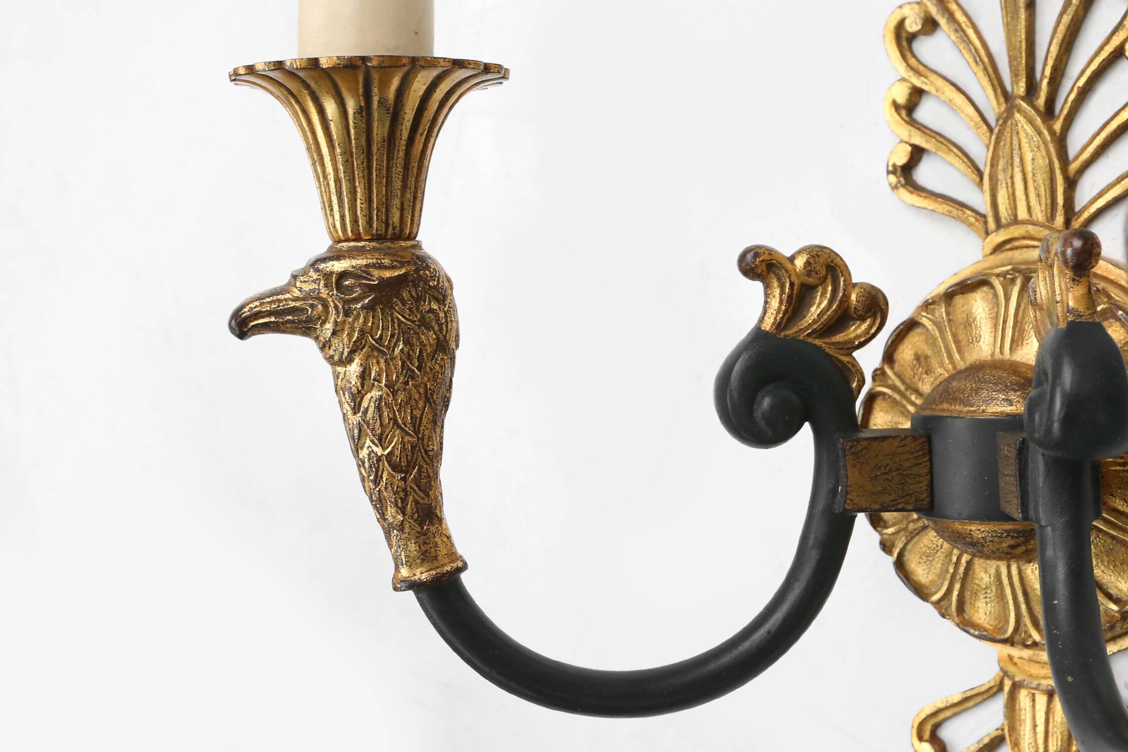 Impressive set of a large bronze Empire Chandelier with 2 wall lights, Belgium ca. 1950