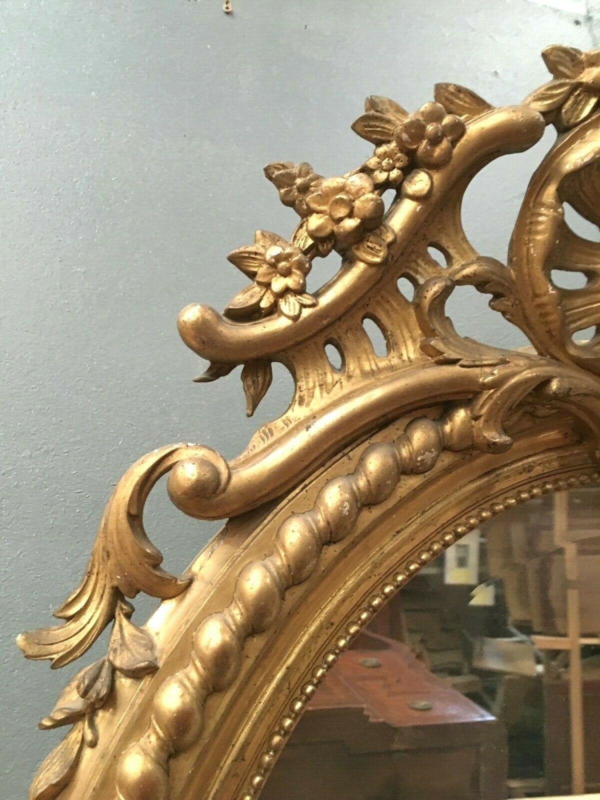 Oval mirror with wooden pediment and gilded stucco oval ice beveled Napoleon III - 80x120cm