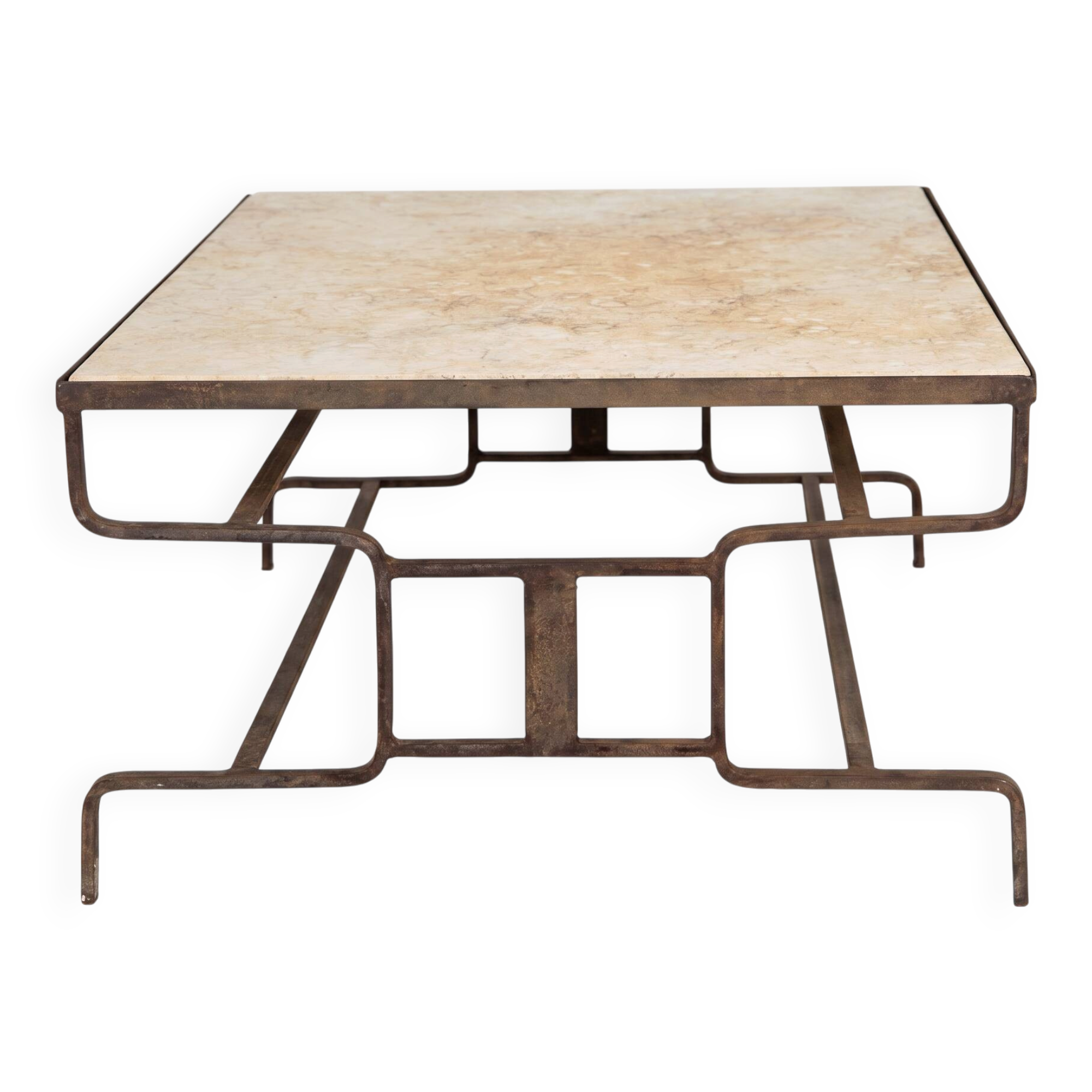 French handcrafted coffee table in travertine and wrought iron, 1920s.