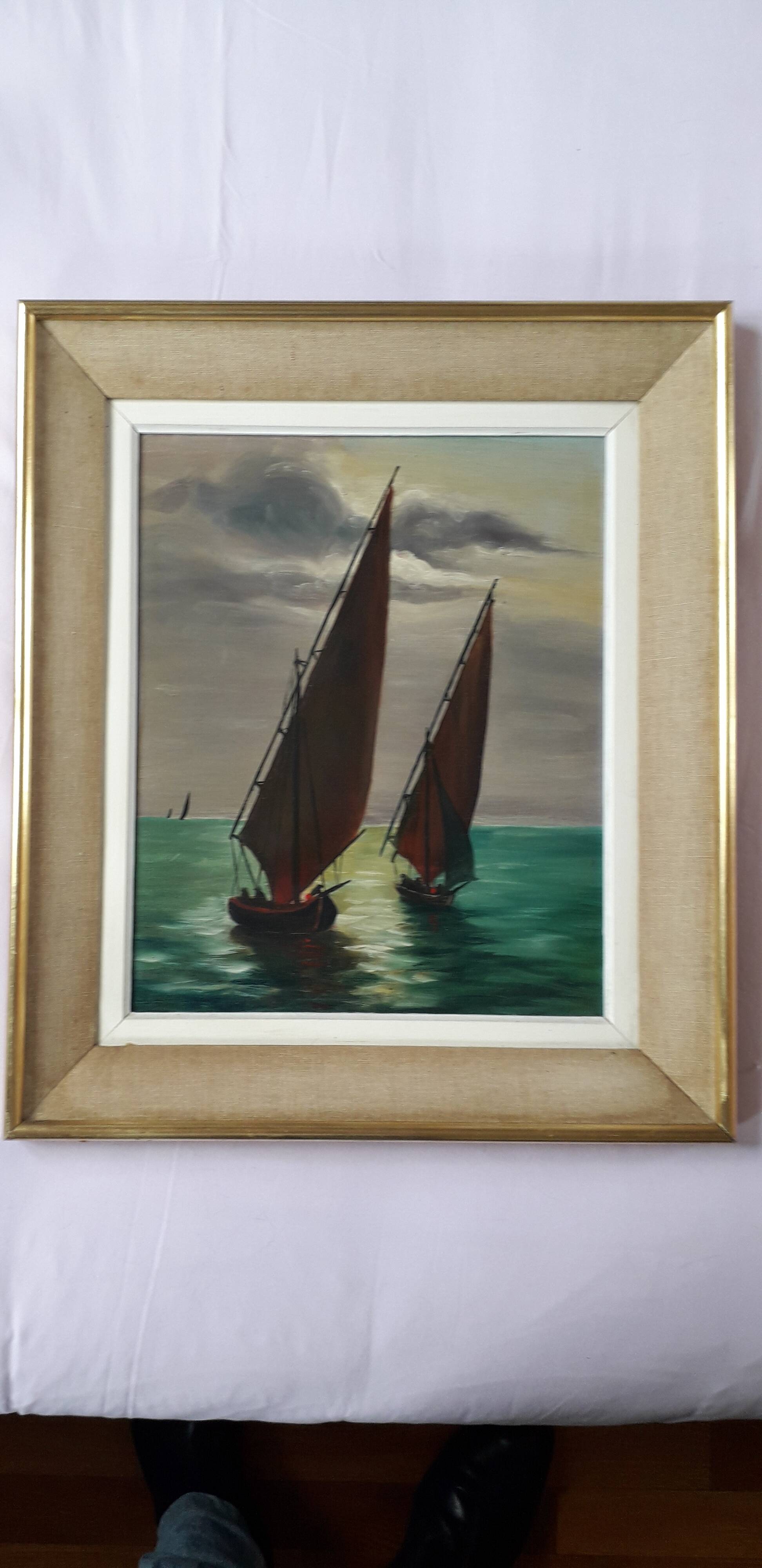 Old oil painting depicting a marine scene