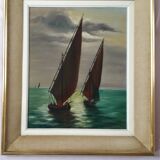 Tableau ancien à l'huile représentant une scène marine