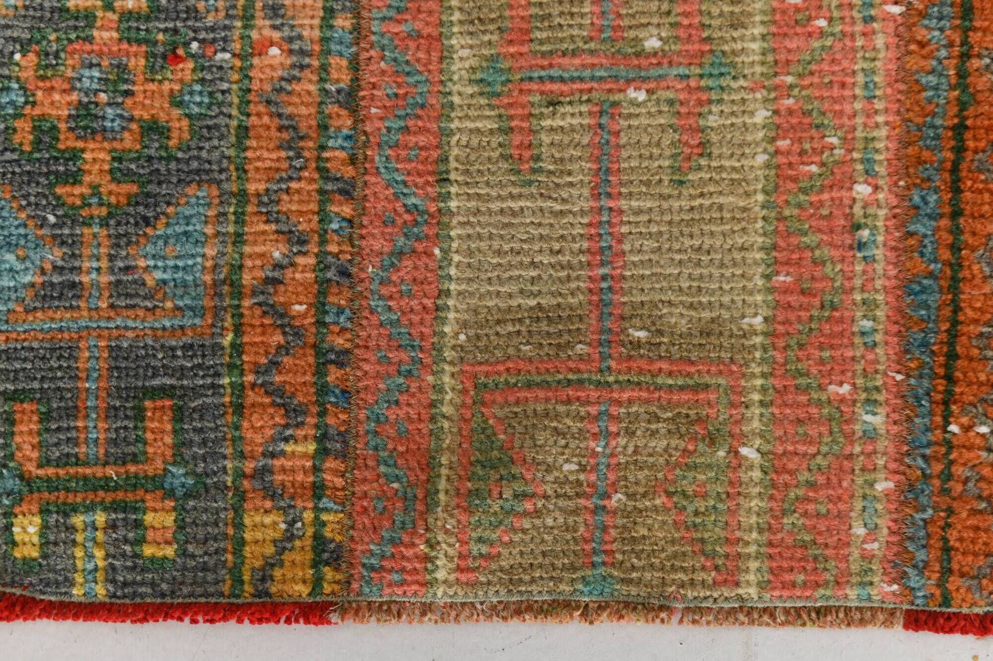 2x9 Vintage Coral Orange & Green Turkish Runner Rug, 70x275Cm