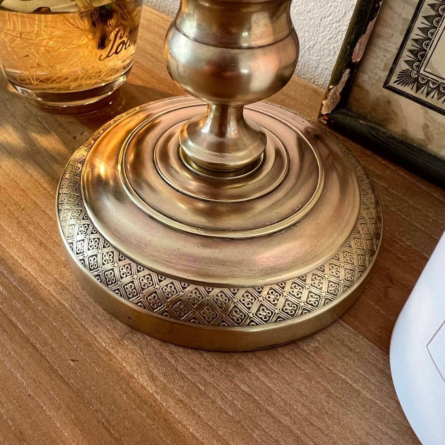 Large chiseled brass candle holder h23 cm