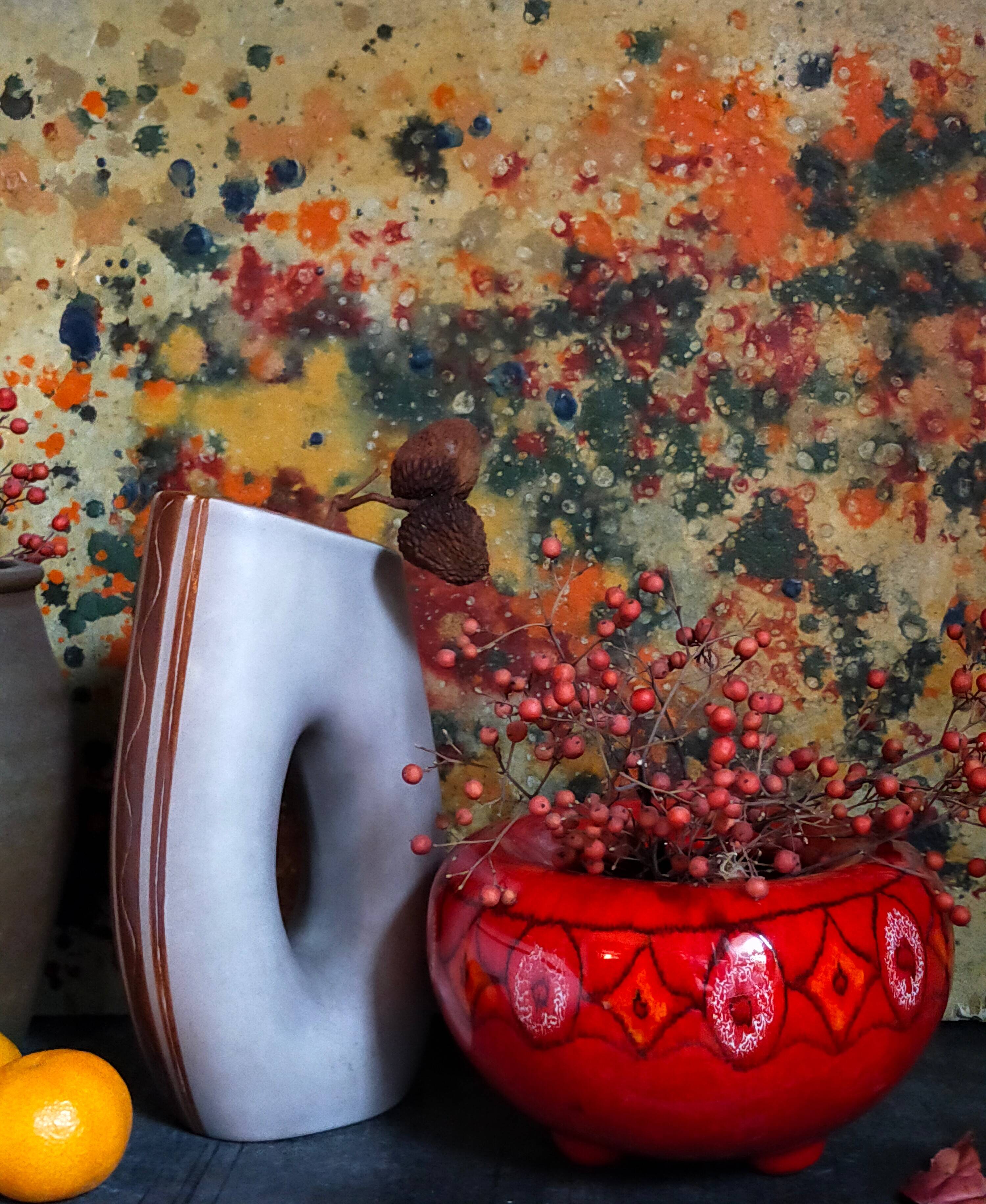 Vintage bright red enamel ceramic tripod vase