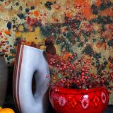 Vase tripode céramique à l'émail rouge vif vintage