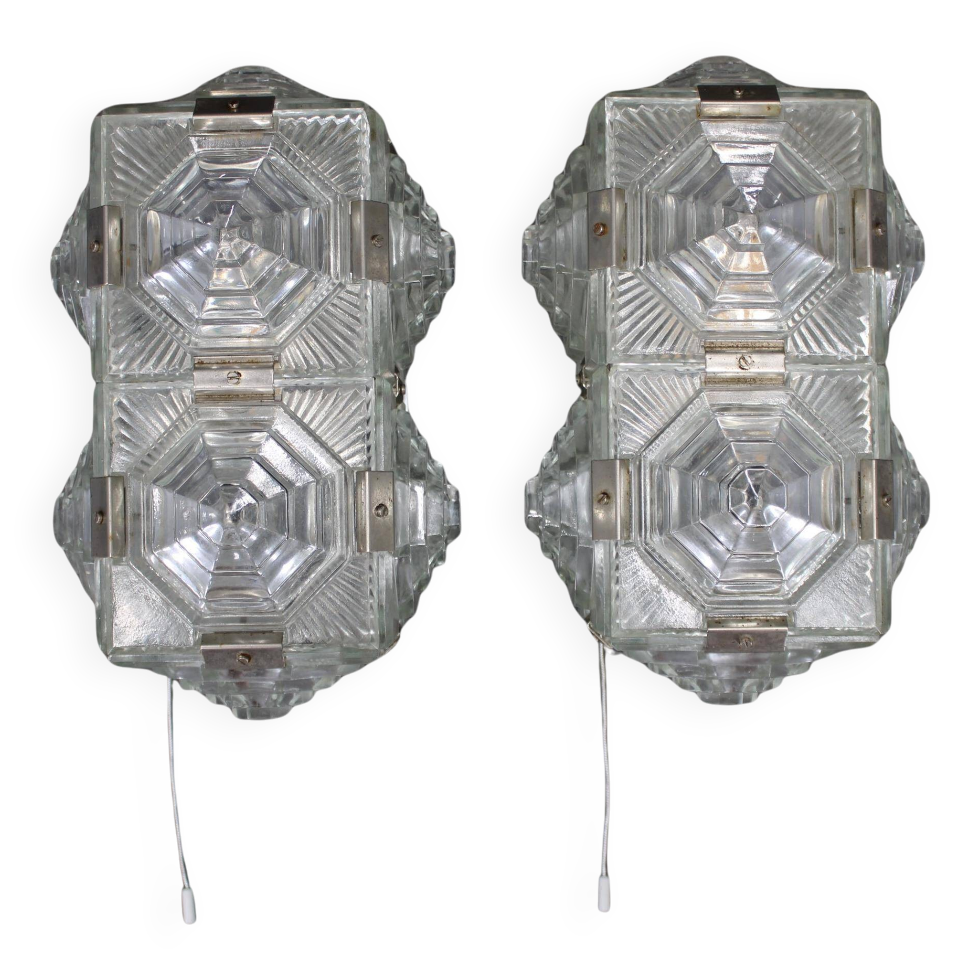 Pair of brutalist glass wall sconces by Kamenický Šenov, Czechoslovakia, 1970s