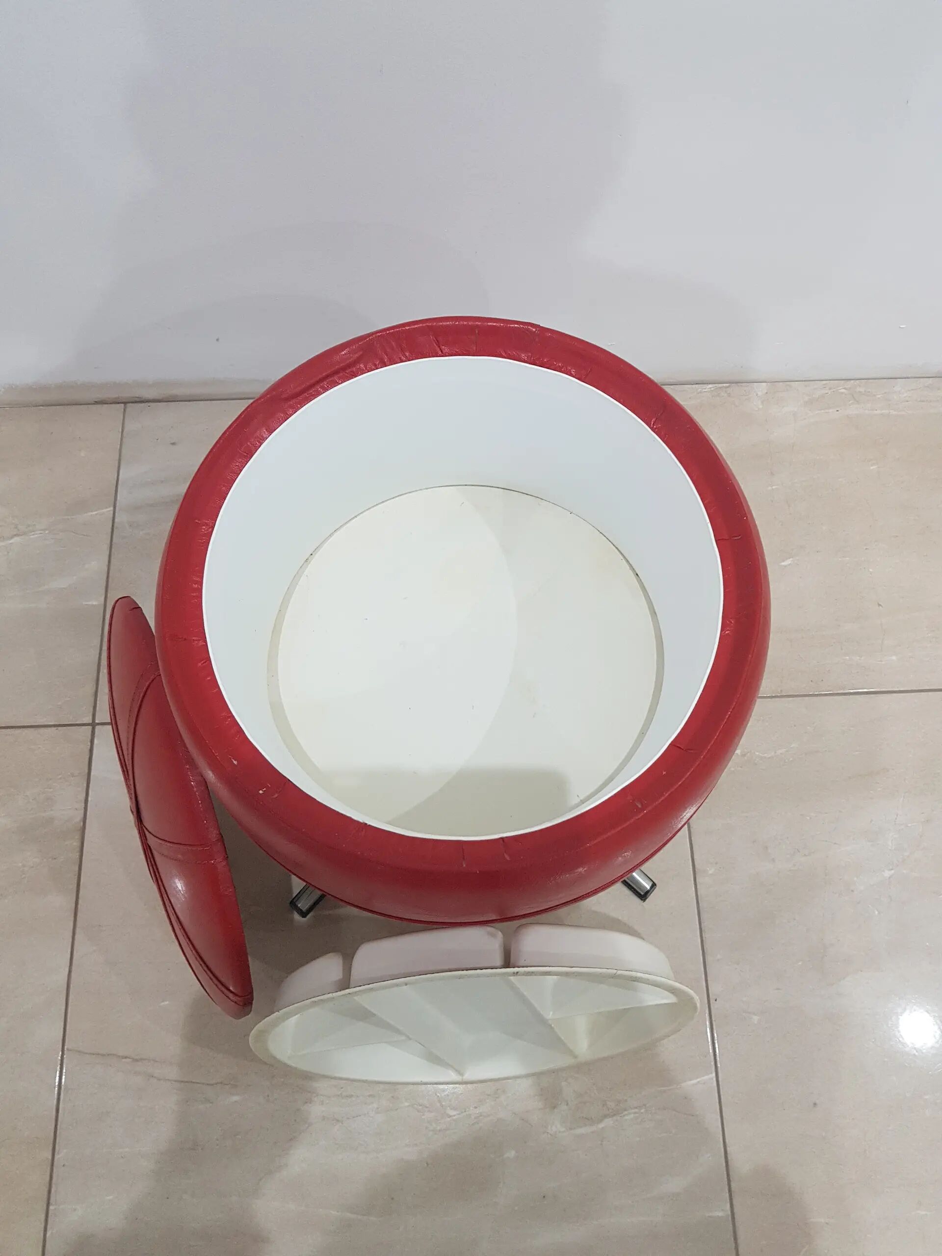 Pouf with storage function, red vinyl, chrome, Germany, 1960s