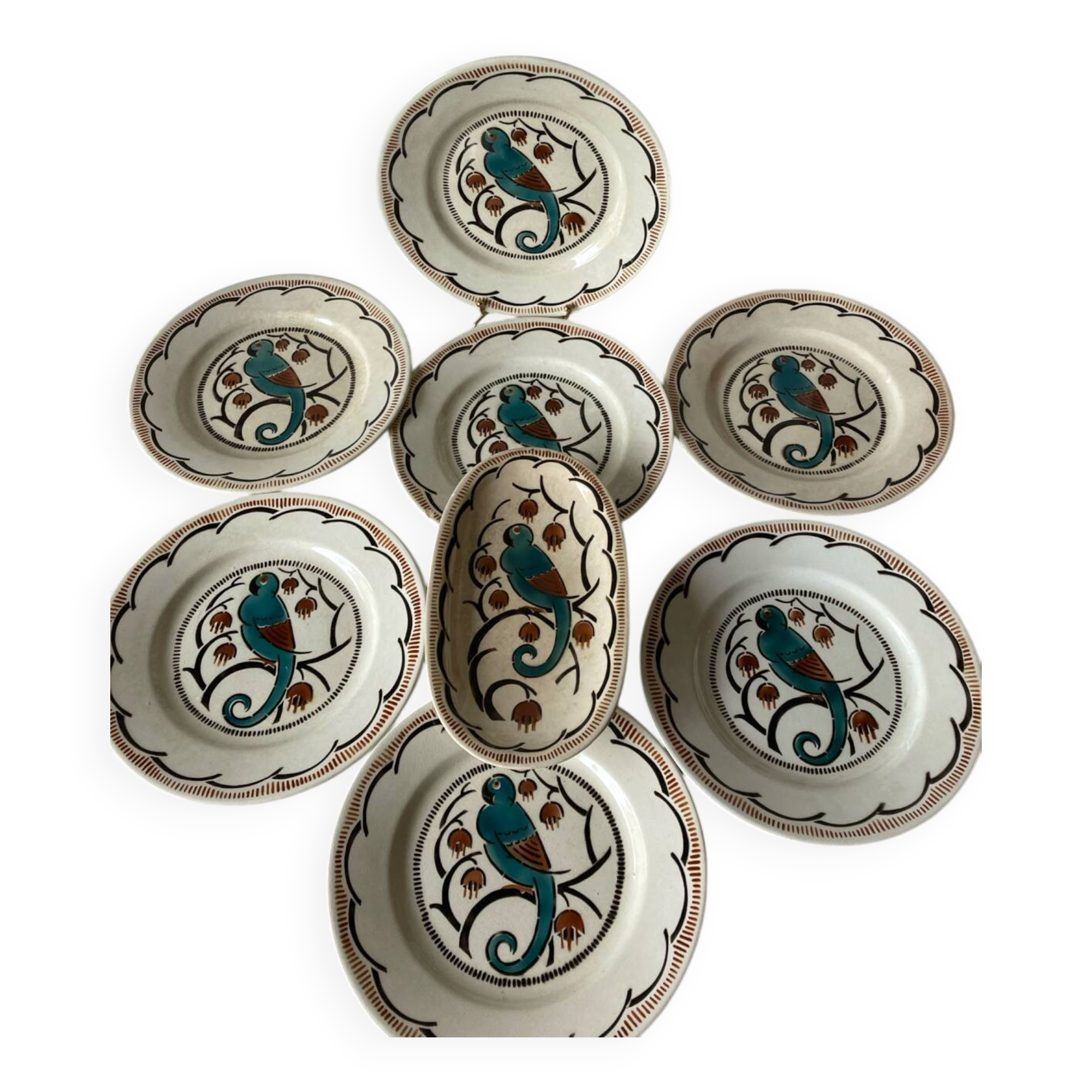 Dessert plates and serving dish, K&G Luneville, parakeet model.