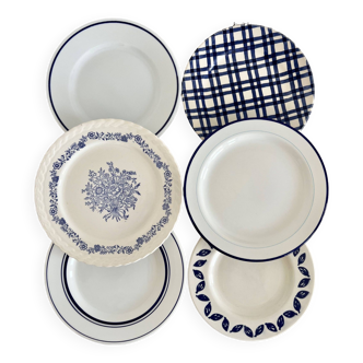 6 assiettes à dessert vintage dépareillées porcelaine bleue et blanche - Lot V