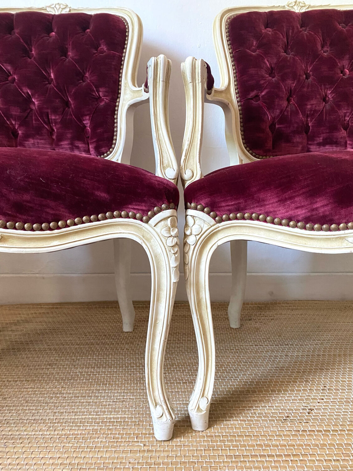 Pair of Louis XV style upholstered velvet armchairs