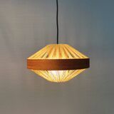 Teak veneer and hemp cord hanging lamp. Estimated 1950-60s