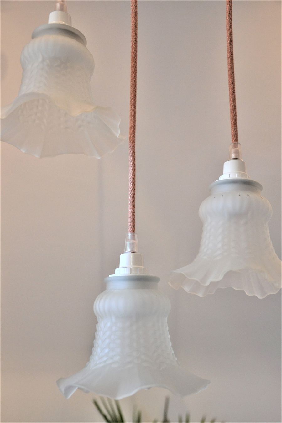 Vintage chandelier 3 pendants with glass tulip lampshades and pink cord