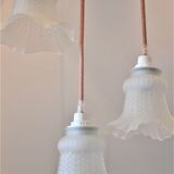 Vintage chandelier 3 pendants with glass tulip lampshades and pink cord