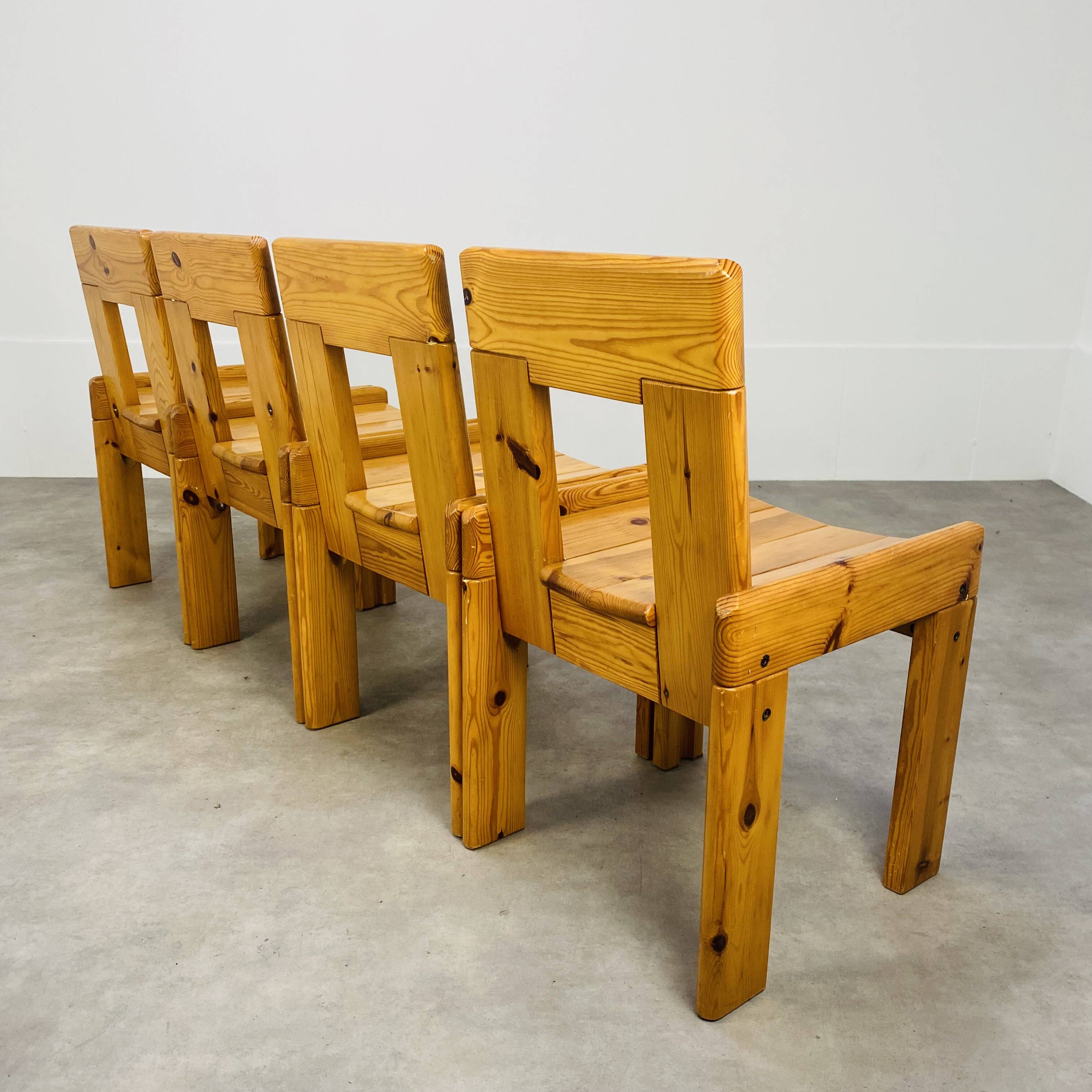4 brutalist chairs by Silvio Coppola for Roche Bobois, solid pine