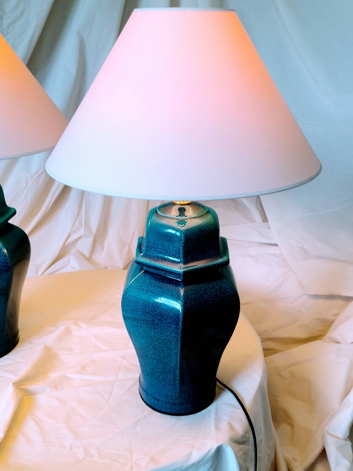 2 blue crackle ceramic desk lamp bases, 1950s