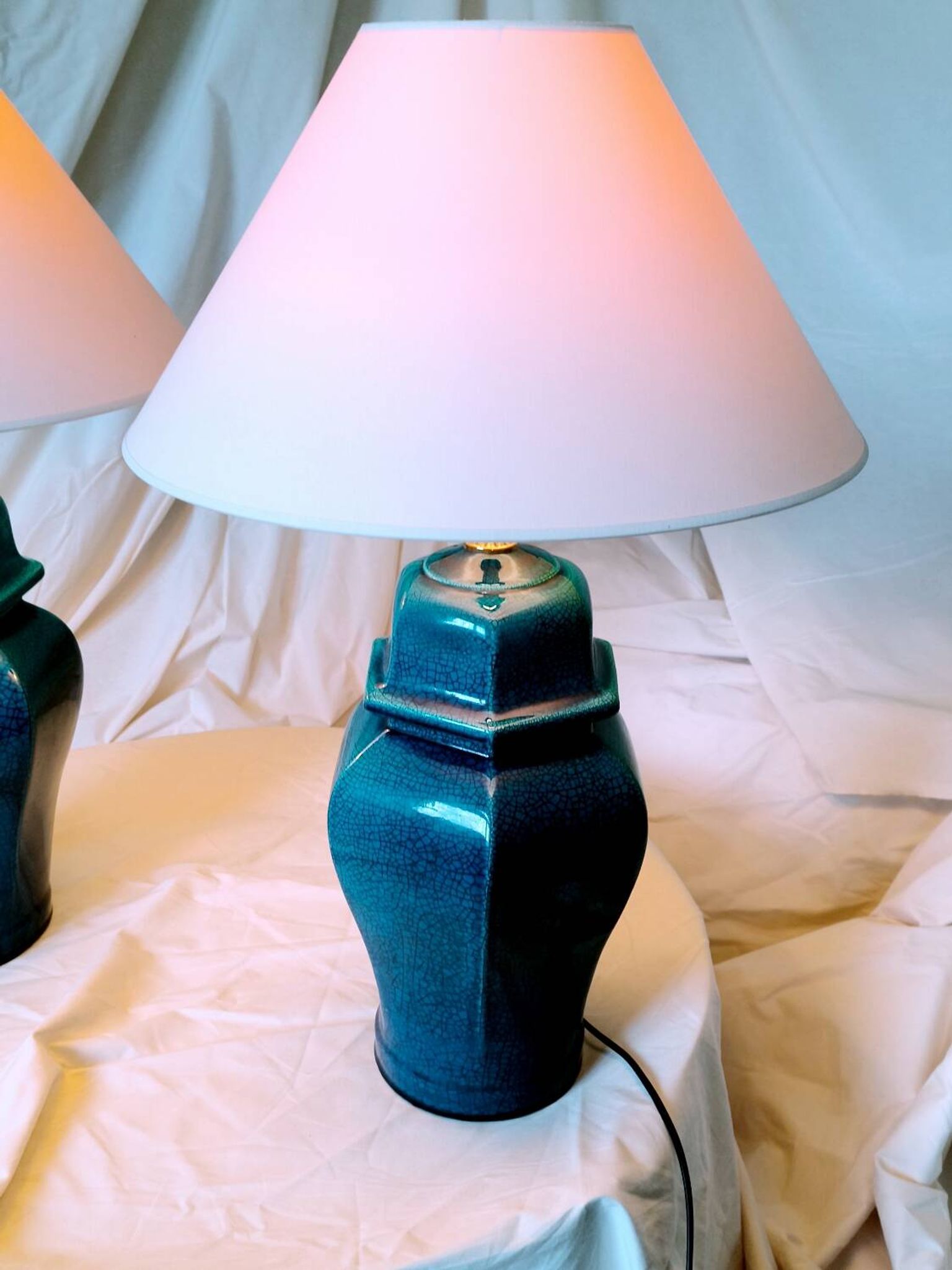 2 blue crackle ceramic desk lamp bases, 1950s