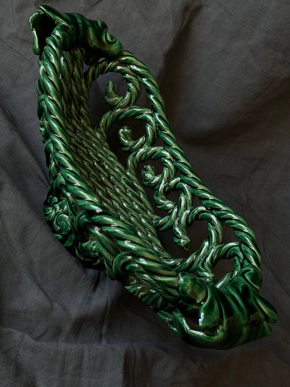 Green woven ceramic fruit bowl